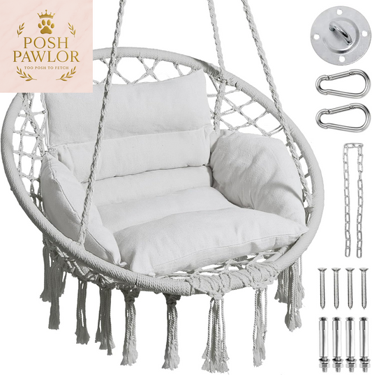 Hammock Chair, Macrame Swing Chair with Comfy Cushion, Boho Hanging Chair for Outdoor & Indoor, Perfect for Bedroom, Patio, Balcony, Hold up to 330Lbs, Grey