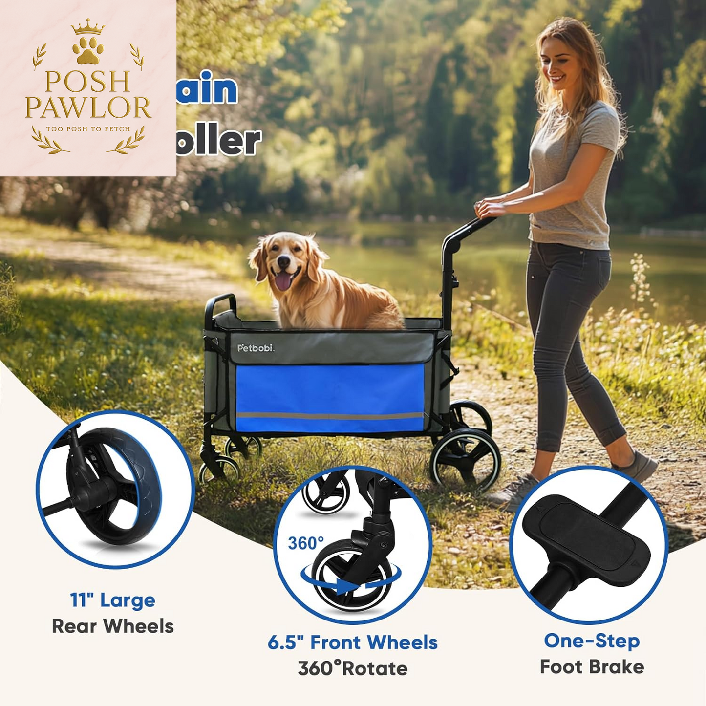 Pet Stroller for Large Dogs - Pullable All Terrain Wagon Cart, Folding Dog Stroller, One-Foot Brake Wagons with Ramp, Easy for Medium Senior Pets to Get in and Out, Ideal for Walking, Blue