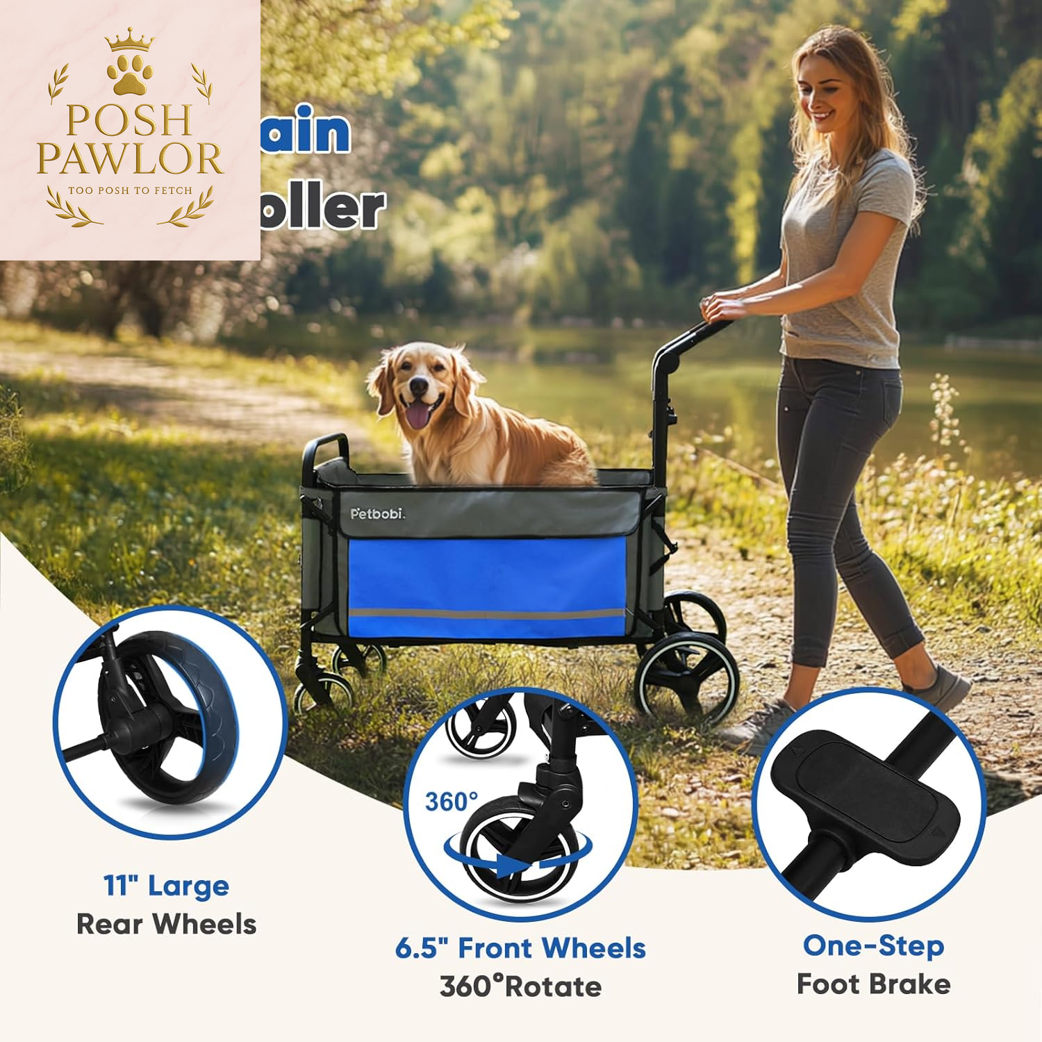 Pet Stroller for Large Dogs - Pullable All Terrain Wagon Cart, Folding Dog Stroller, One-Foot Brake Wagons with Ramp, Easy for Medium Senior Pets to Get in and Out, Ideal for Walking, Blue