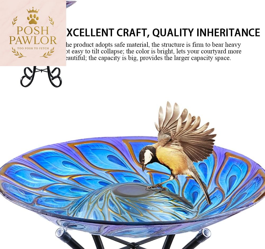 Outdoor Glass Bird Bath Solar Birdbaths with Metal Stand for Lawn Yard Garden Peacock Decor,18” Dia 21.65” Height