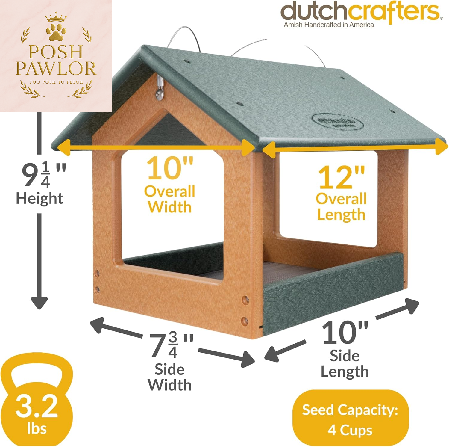 Amish USA Made Recycled Plastic Large Hanging Modern Fly through Covered Roof Open Platform Tray Bird Feeder for Outdoors, Garden, Yard (Turf Green & Bright Cedar)