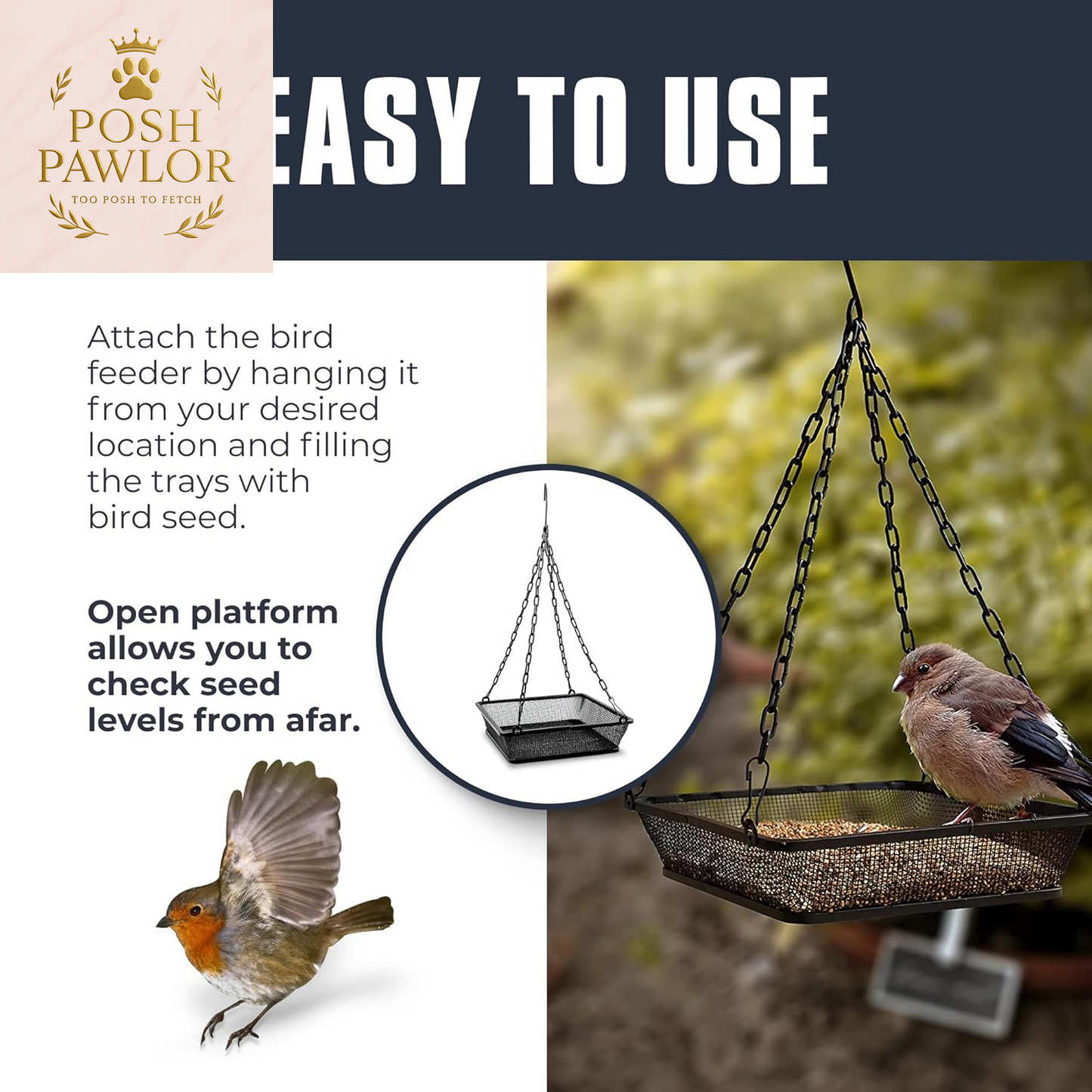 Metal Hanging Bird Feeder with Iron Mesh Seed Tray, Black Powder Coated Outdoor Platform Bird Feeders for outside Hanging, Birdfeeders for Outdoors Hanging Garden Patio Deck Yard