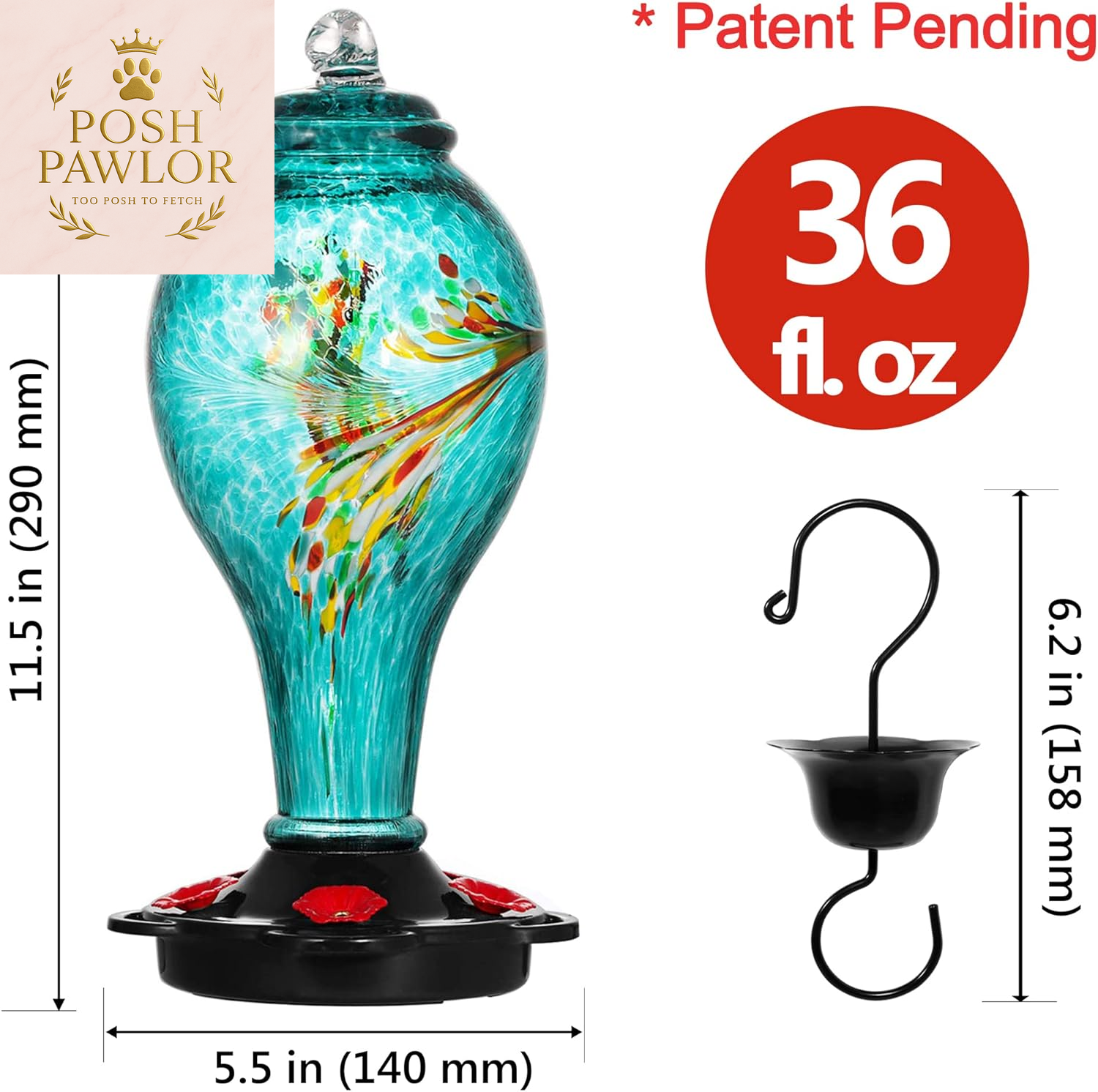 Hummingbird Feeder, Hand Blown Glass Hummingbird Feeder, Never Fade, 36 Fluid Ounces, 5 Feeding Metal Stations, Much Bigger, Garden Backyard Decorative, Containing Ant Moat (Blue)