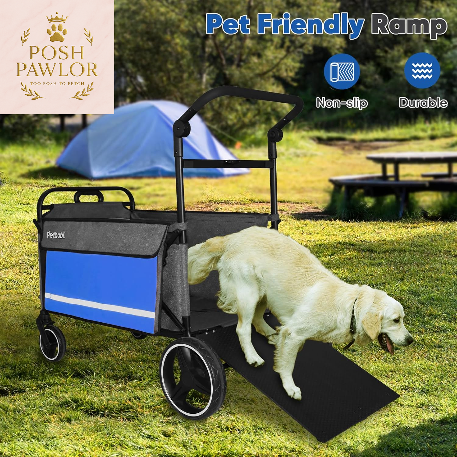 Pet Stroller for Large Dogs - Pullable All Terrain Wagon Cart, Folding Dog Stroller, One-Foot Brake Wagons with Ramp, Easy for Medium Senior Pets to Get in and Out, Ideal for Walking, Blue