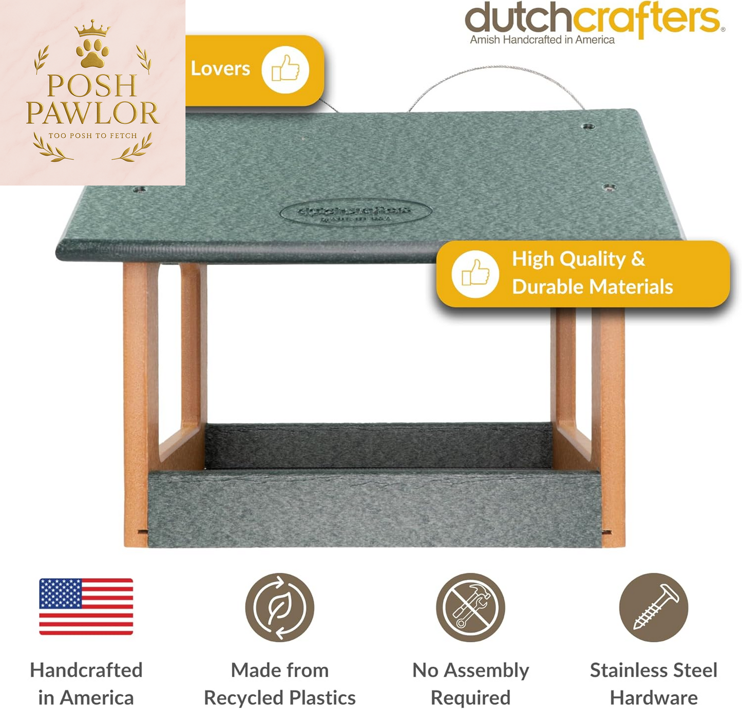 Amish USA Made Recycled Plastic Large Hanging Modern Fly through Covered Roof Open Platform Tray Bird Feeder for Outdoors, Garden, Yard (Turf Green & Bright Cedar)