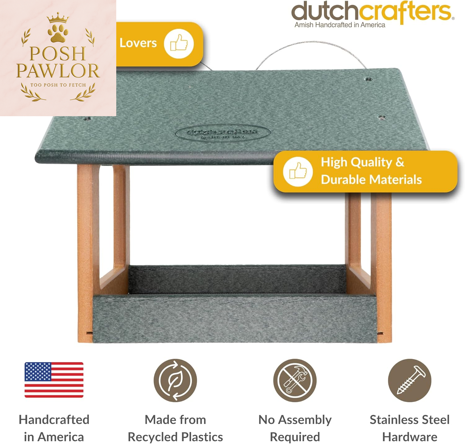 Amish USA Made Recycled Plastic Large Hanging Modern Fly through Covered Roof Open Platform Tray Bird Feeder for Outdoors, Garden, Yard (Turf Green & Bright Cedar)