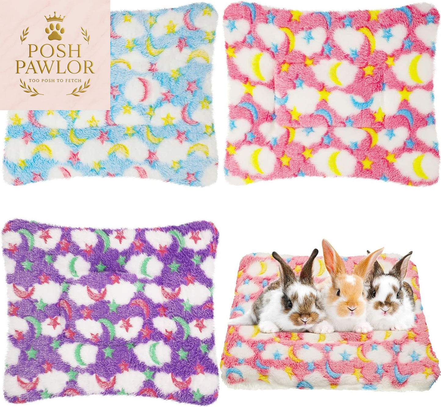 3 Pcs Bunny Guinea Pig Beds Soft Bunny Mats Warm Guinea Pig Mat Small Animal Winter Bed Pads Fleece Sleeping Pads for Indoor Rabbit Hamster Squirrel Hedgehog Chinchilla Ferret(Moon)