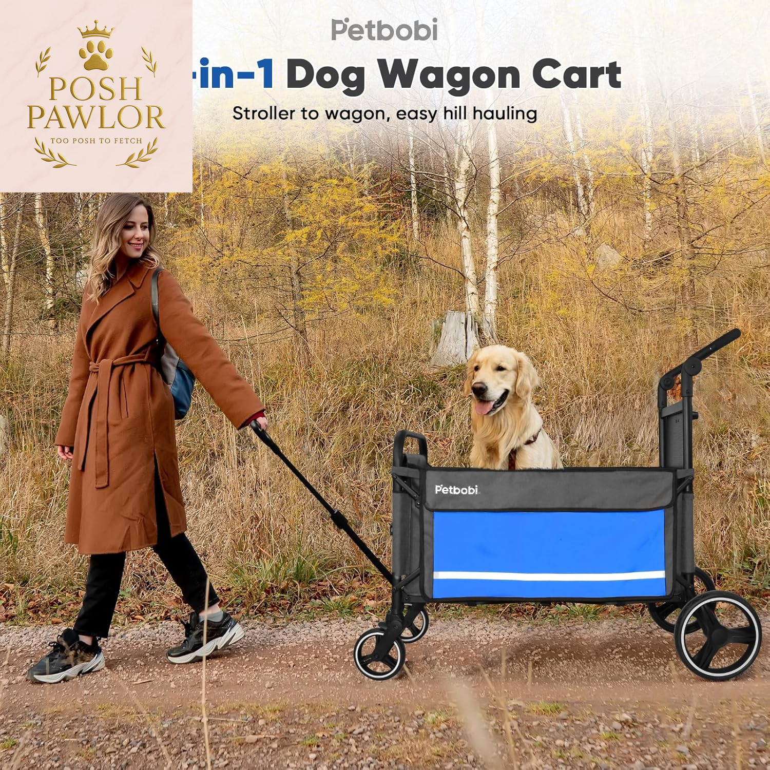 Pet Stroller for Large Dogs - Pullable All Terrain Wagon Cart, Folding Dog Stroller, One-Foot Brake Wagons with Ramp, Easy for Medium Senior Pets to Get in and Out, Ideal for Walking, Blue