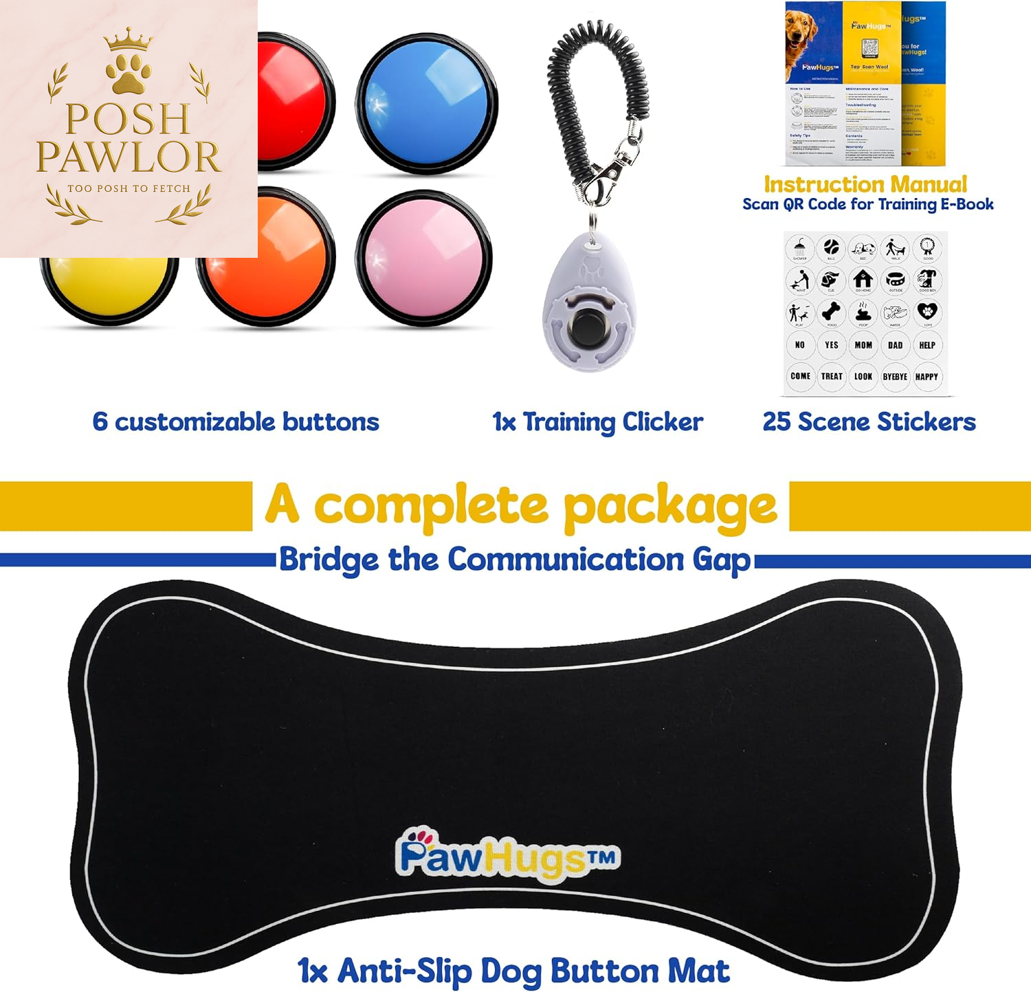 Dog Buttons for Communication with Mat & Clicker – 30S Recordable Dog Buttons Talk, Talking Buttons for Dogs, Gift for Dog Owners with Training Guide, Custom Stickers, and Clear Sound (6-Pack)