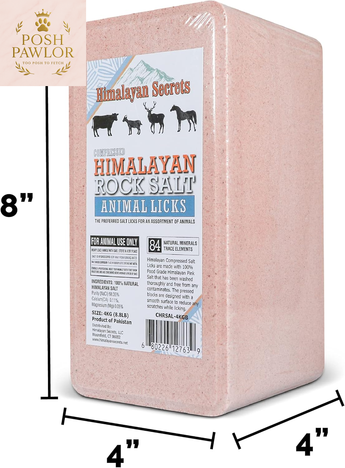8.8LB (4KG) Compressed Pink Himalayan Salt Animal Lick Brick for Livestock and Wildlife - 100% Pure & Natural Feed Salt - 84 Natural Minerals and Trace Elements