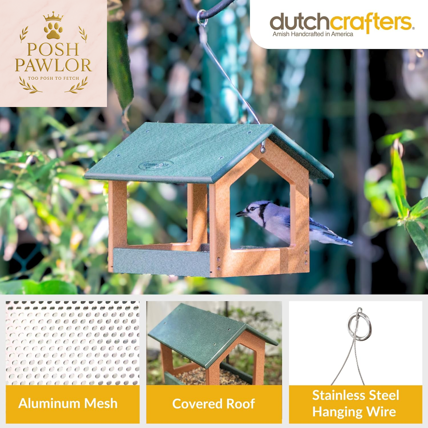 Amish USA Made Recycled Plastic Large Hanging Modern Fly through Covered Roof Open Platform Tray Bird Feeder for Outdoors, Garden, Yard (Turf Green & Bright Cedar)