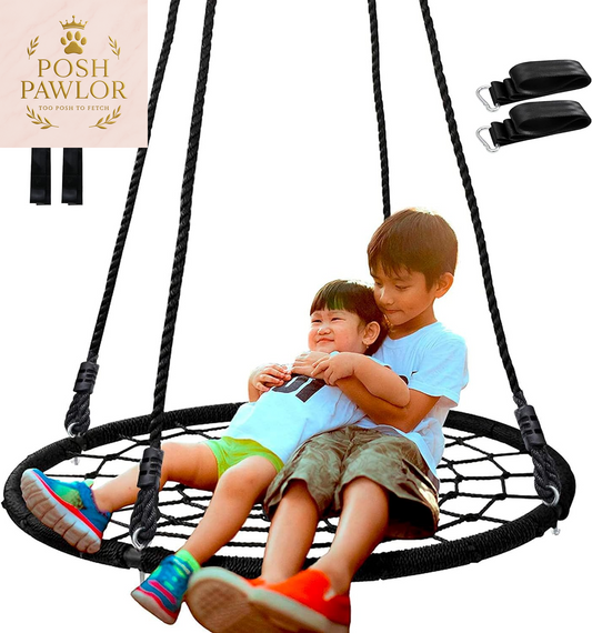 40'' Spider Web Tree Swing round Net Swing Platform Rope Swing Set for Kids Adult, 71" Detachable Nylon Rope with Swivel for Outdoor Backyard, Max 660 Lbs Extra Safe Steel Frame, Black