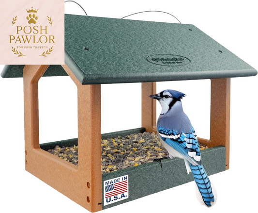 Amish USA Made Recycled Plastic Large Hanging Modern Fly through Covered Roof Open Platform Tray Bird Feeder for Outdoors, Garden, Yard (Turf Green & Bright Cedar)